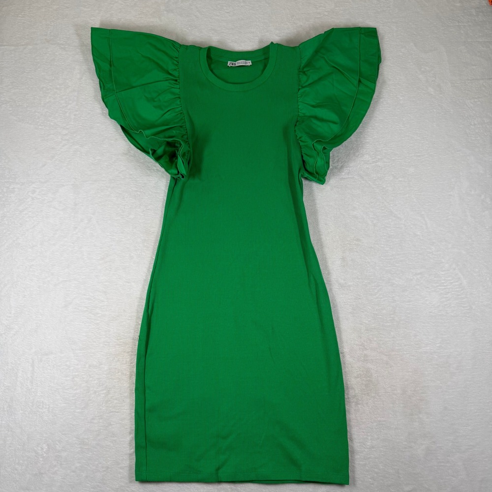Zara Green Ribbed Knit Ruffle Flutter Sleeve Mini Dress 3641/305 Size Medium